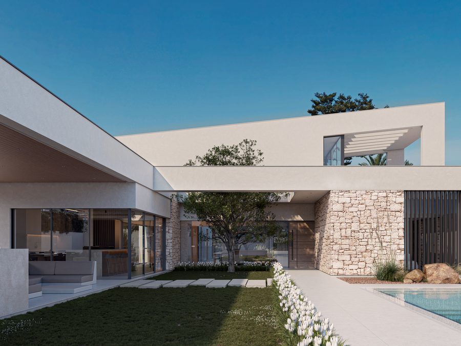 Render exterior de vivienda unifamiliar con piedra natural y piscina
