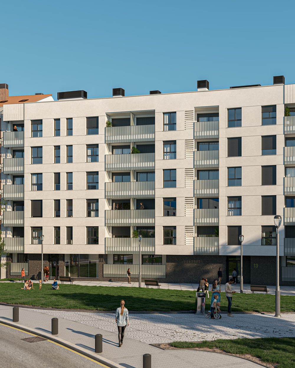 Render fotorrealista de fachada de promoción residencial