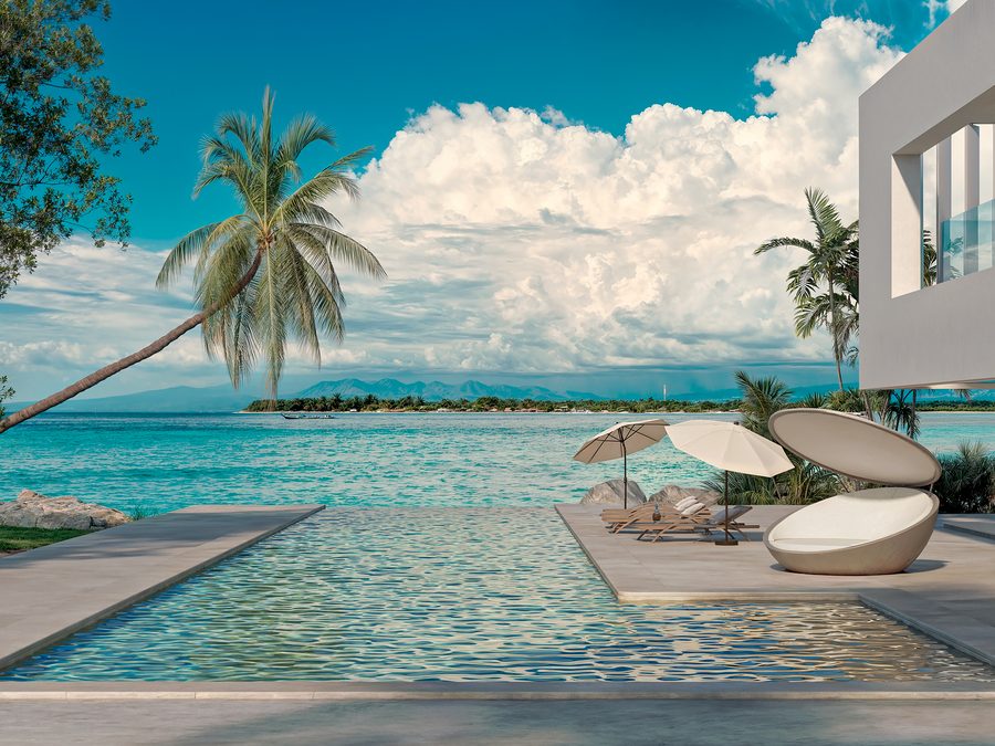 Render de zona exterior con piscina y vistas al mar